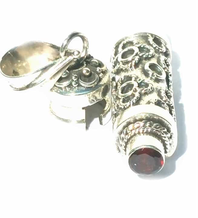 Sterling Silver Balinese Design Cylinder Prayer Box With Garnet