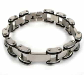 Men's Stainless Steel Motorcycle Bike Link Bracelet With Black Rubber Accents