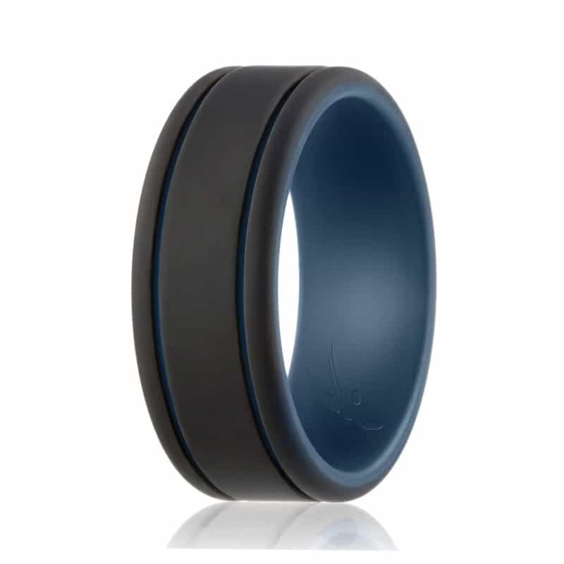 Silicone Wedding Ring - Duo Collection 2 Thin Lines - Blue-Black By Roq For Men - 12 Mm Ring