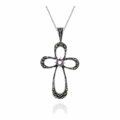 Sterling Silver Cross Genuine Amethyst / Marcasite Pendant