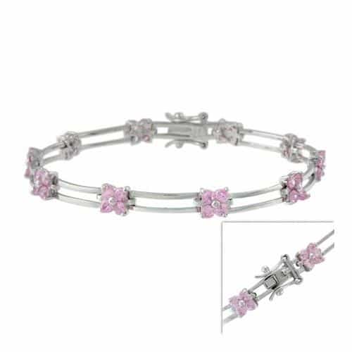 Sterling Silver Pink Cz Flower Link Bracelet
