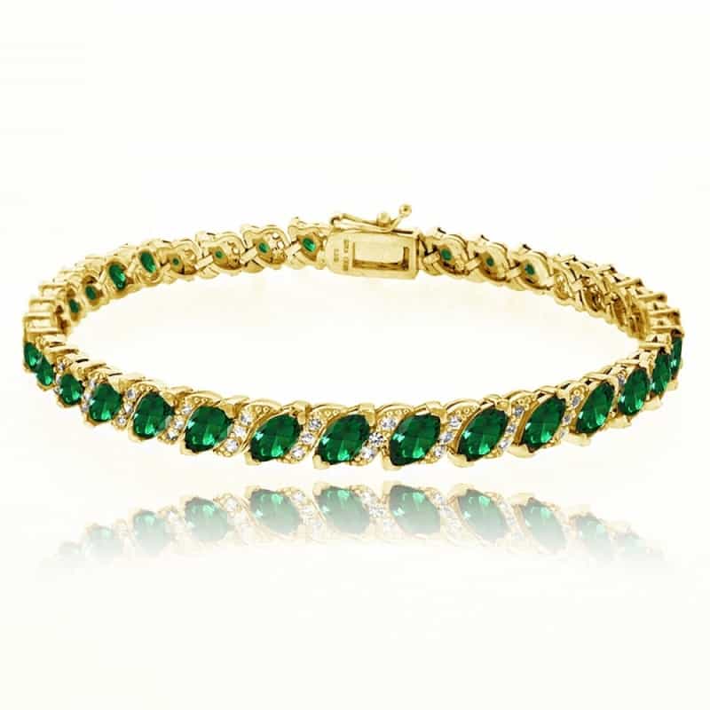 Yellow Gold Flashed Sterling Silver Simulated Emerald Marquise-Cut 6X3mm Tennis Bracelet With White Topaz Accents