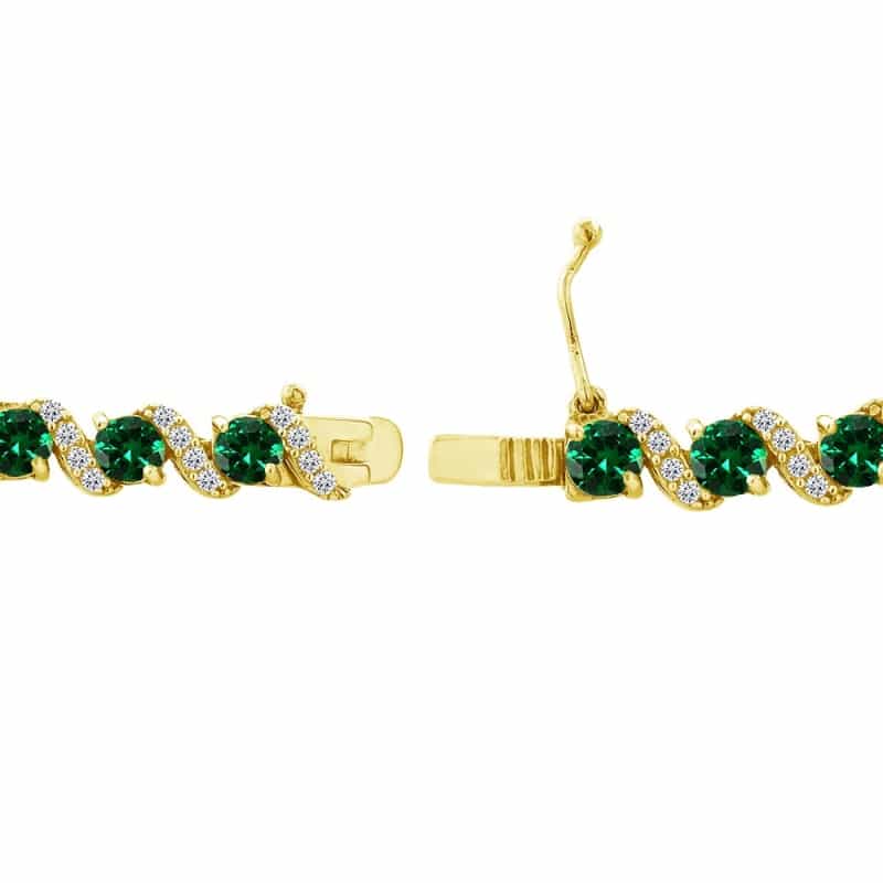 Yellow Gold Flashed Sterling Silver Simulated Emerald 4Mm Round-Cut S Design Tennis Bracelet With White Topaz Accents