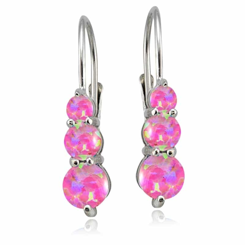 Sterling Silver Created Pink Opal Three Stone Drop Earrings
