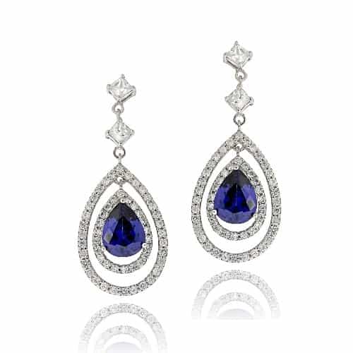 Sterling Silver Blue & White Cz Triple Teardrop Dangle Earrings