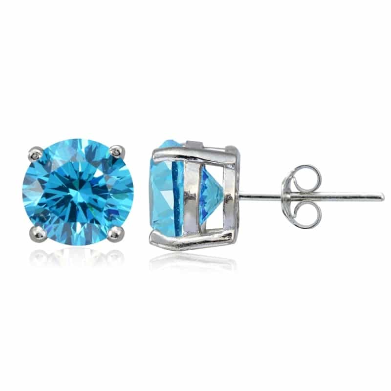 Platinum Plated Sterling Silver 100 Facets Blue Cubic Zirconia Solitaire Stud Earrings (3Cttw)