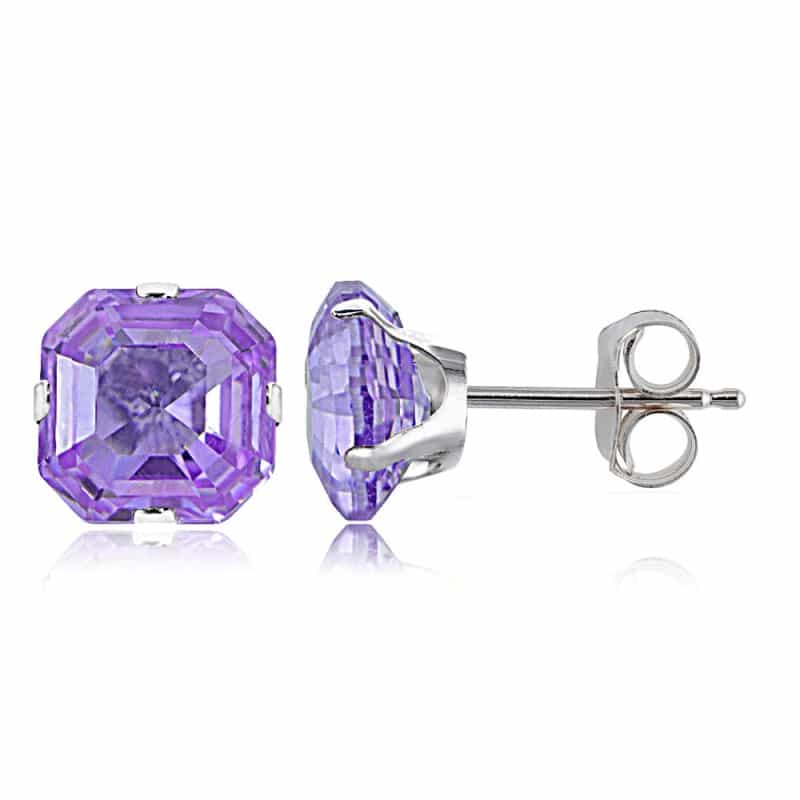 Sterling Silver 6Mm Asscher-Cut Lavender Cubic Zirconia Stud Earrings