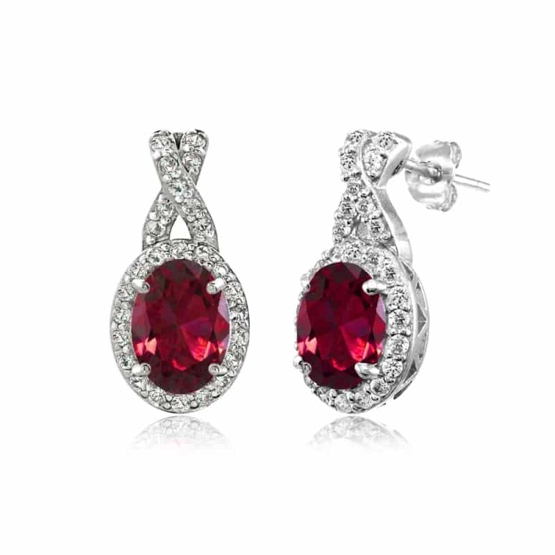 Sterling Silver Created Ruby & White Topaz Oval And X Drop Earrings