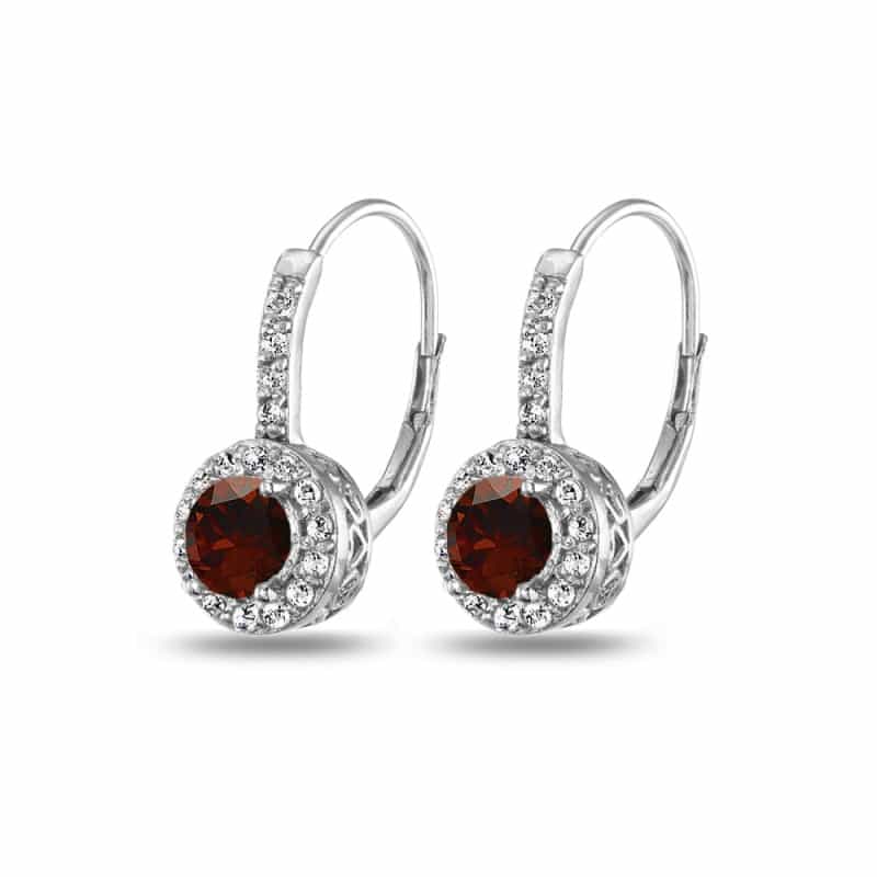 Sterling Silver Garnet & White Topaz Round Dainty Halo Leverback Earrings