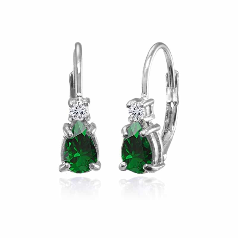 Sterling Silver Created Emerald And White Topaz Dainty Teardrop Huggie Leverback Earrings