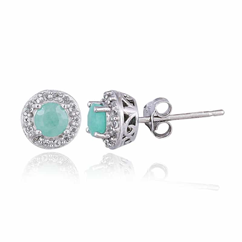 Sterling Silver 0.80Ct Emerald & White Topaz Halo Stud Earrings