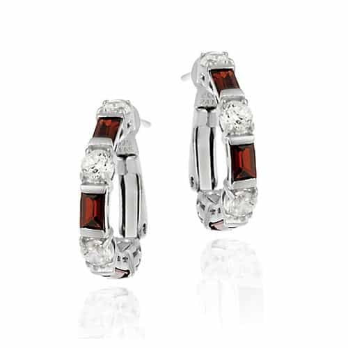 Sterling Silver Red & White Cz Hoop Earrings