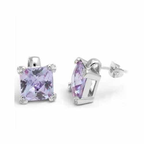 Sterling Silver Lavender Cz Square Stud Earrings, 10Mm