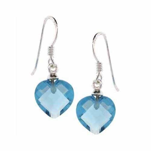 Sterling Silver Aquamarine Cz Heart Dangle Earrings