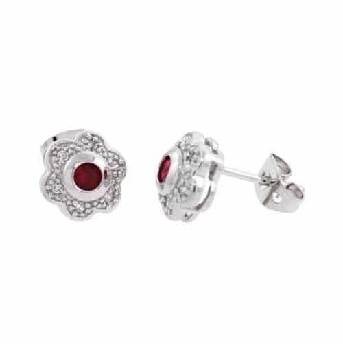 Sterling Silver Red & White Cz Flower Stud Earrings