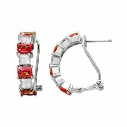Sterling Silver Red & White Cz Half Hoop Earrings