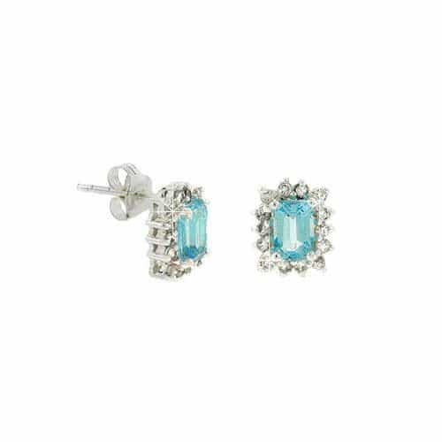 Sterling Silver Blue Topaz & Cz Stud Earrings