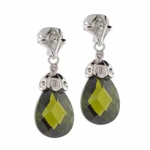 Sterling Silver Olive Green Cz Raindrop Earrings