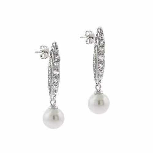 Sterling Silver Cz & Created White Pearl Dangle Earrings