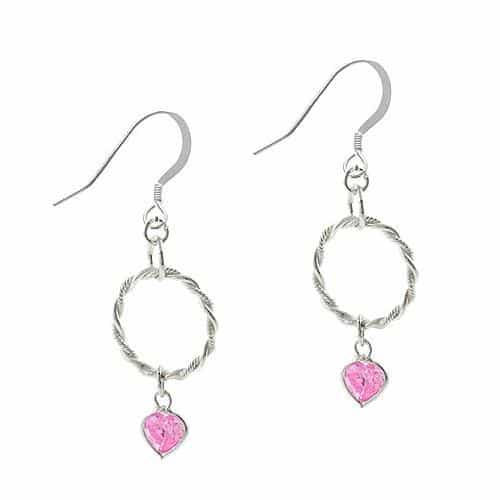 Sterling Silver Pink Cz Heart & Twist Hoop Dangle Earrings