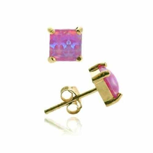 Gold Tone Over Sterling Silver 5Mm Square Created Pink Opal Stud Earrings
