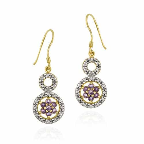 18K Gold Over Sterling Silver Amethyst Flower & Diamond Accent Double Circle Earrings