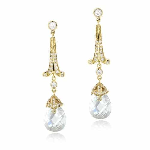 18K Gold Over Sterling Silver 18Ct Light Blue & Clear Cz Estate Dangle Earrings