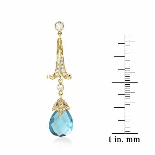 18K Gold Over Sterling Silver 18Ct Aqua & Clear Cz Estate Dangle Earrings