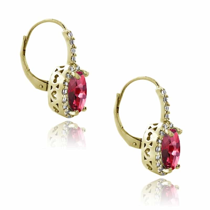 Gold Tone Over Sterling Silver 4.6Ct Created Ruby & Cz Oval Halo Leverback Earrings