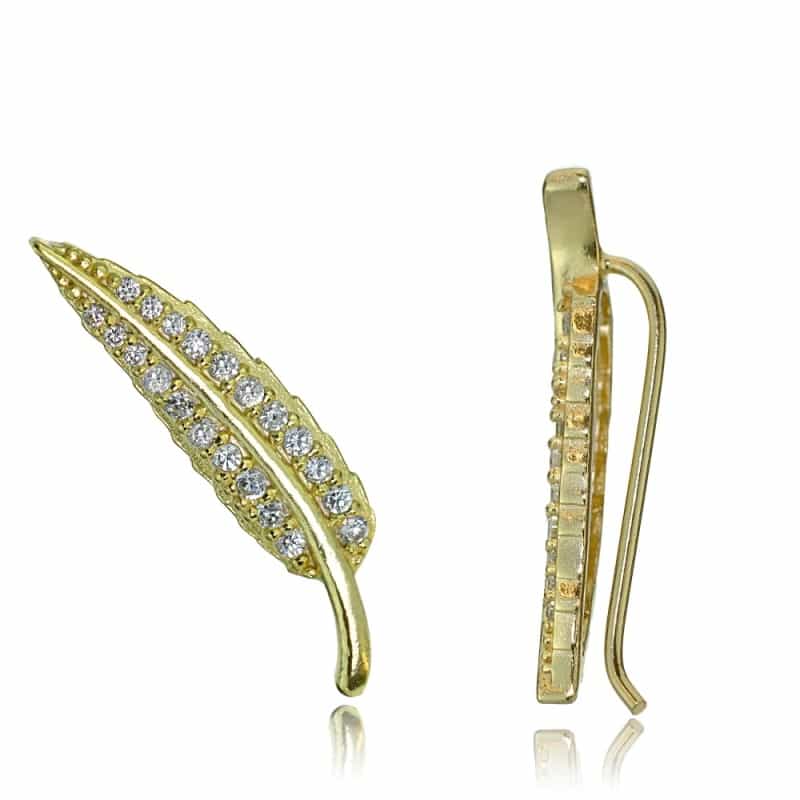 Gold Tone Over Sterling Silver Cubic Zirconia Leaf Crawler Climber Hook Earrings