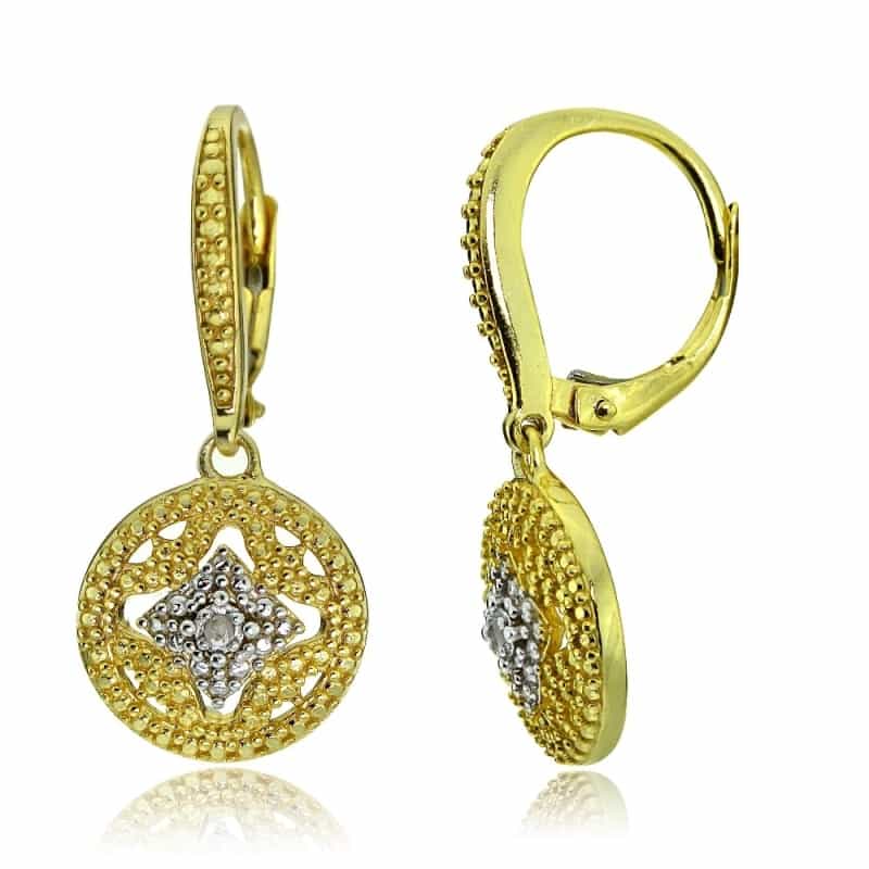 Gold Tone Over Sterling Silver Diamond Accent Filigree Medallion Dangle Leverback Earrings