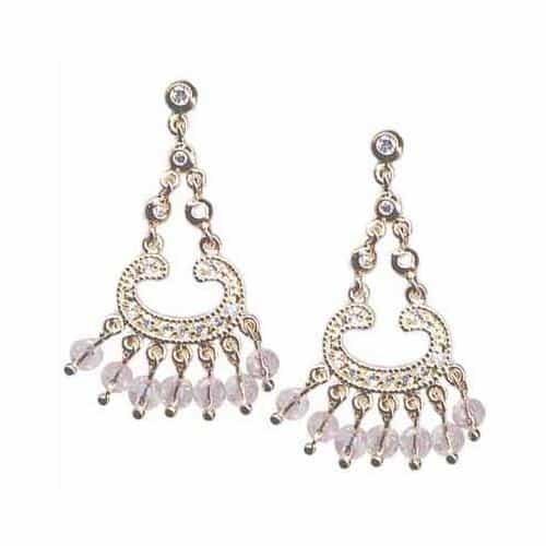 18K Gold Over Sterling Silver Pink & Clear Cz Beads Chandelier Earrings
