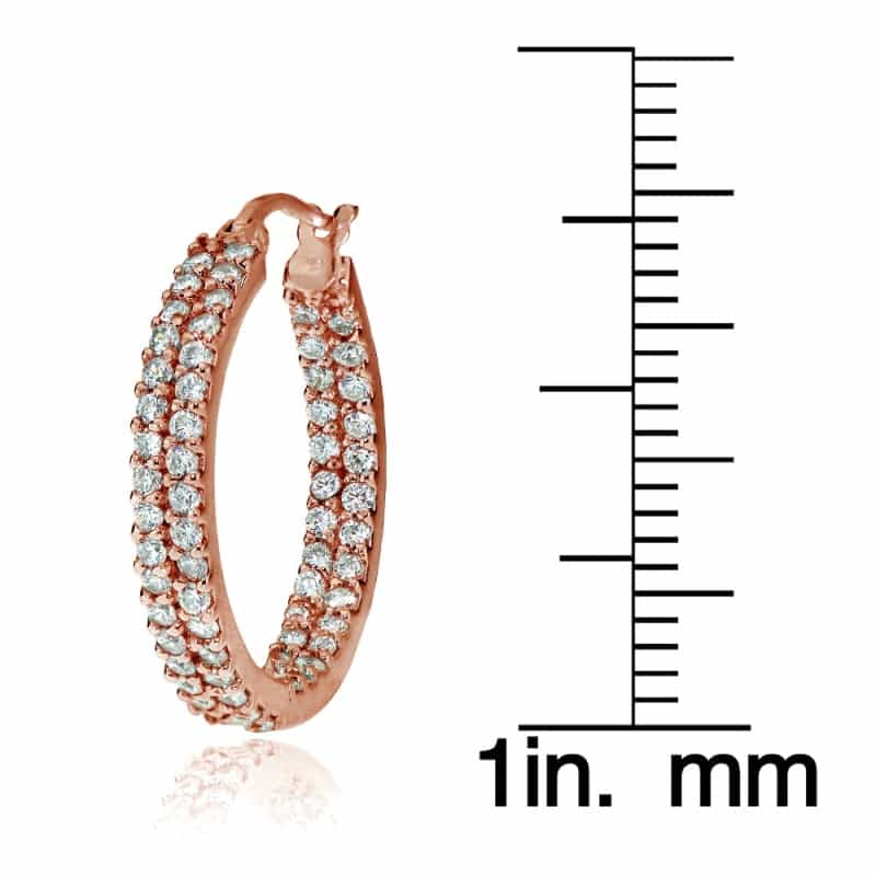 Rose Gold Flash Sterling Silver Cubic Zirconia 3X20mm Two Row Inside-Out Hoop Earrings