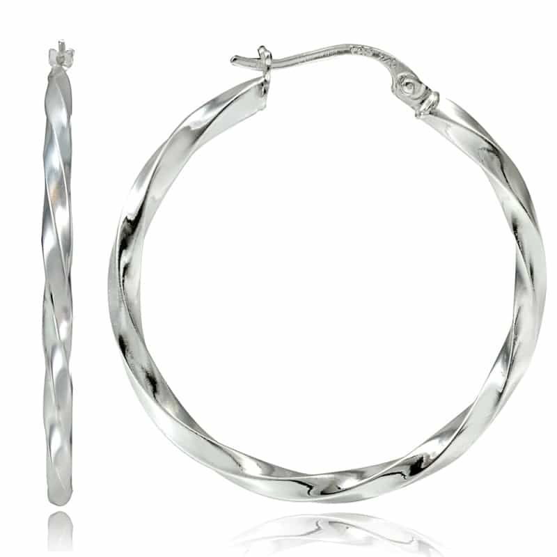 Sterling Silver Twist Round Hoop Earrings, 50Mm