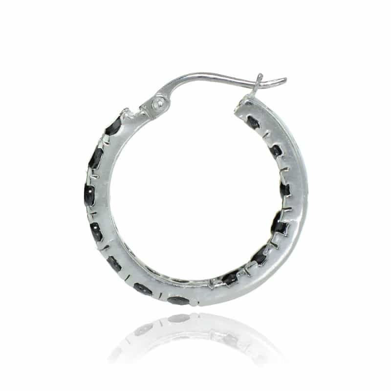 Sterling Silver Black Cubic Zirconia Inside Out 3X25 Mm Round Hoop Earrings