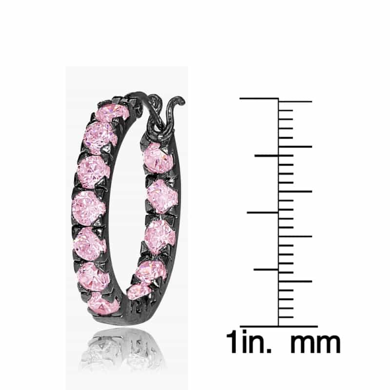Black Tone Over Sterling Silver Light Pink Cubic Zirconia Inside Out 3X25 Mm Round Hoop Earrings