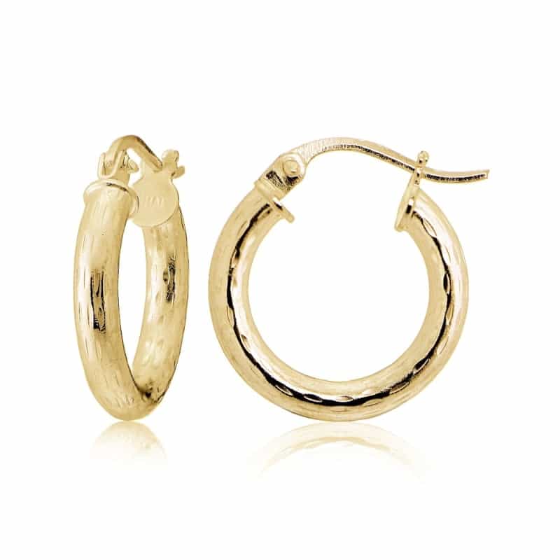Gold Tone Over Sterling Silver 2.5Mm Diamond Cut Polished Round Hoop Earrings, 15Mm