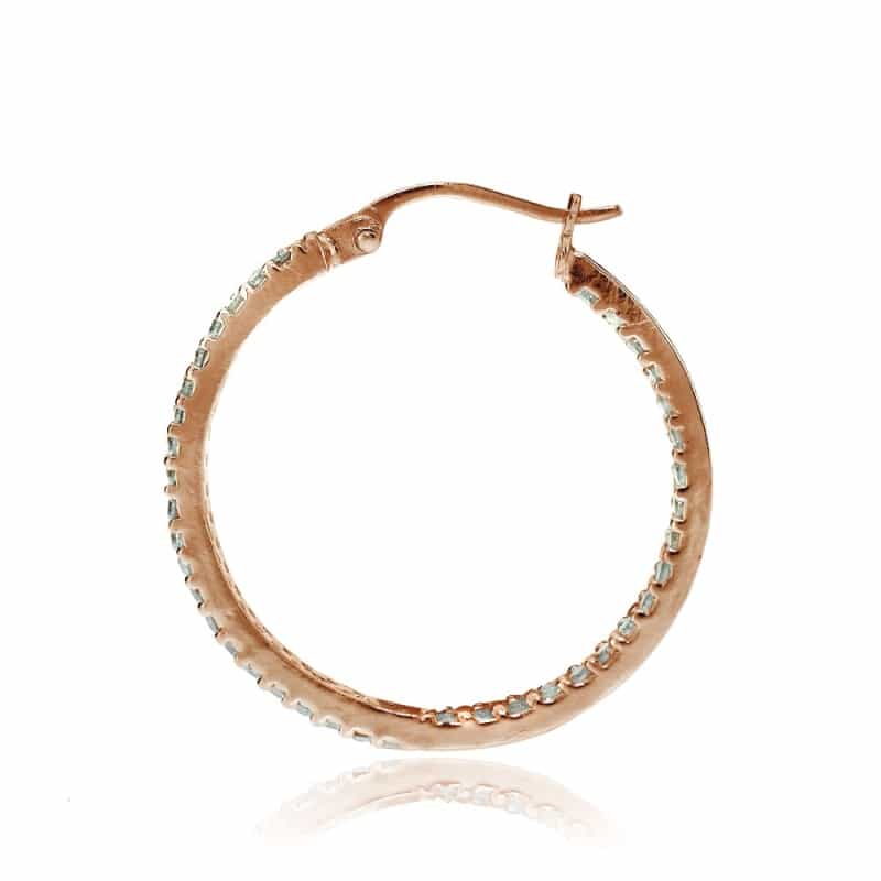 Rose Gold Flash Sterling Silver Cubic Zirconia 3X25mm Two Row Inside-Out Hoop Earrings