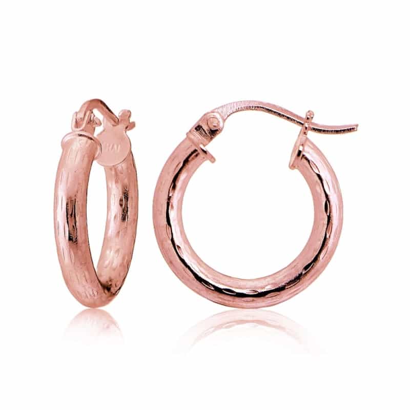 Rose Gold Tone Over Sterling Silver 2.5Mm Diamond Cut Polished Round Hoop Earrings, 15Mm