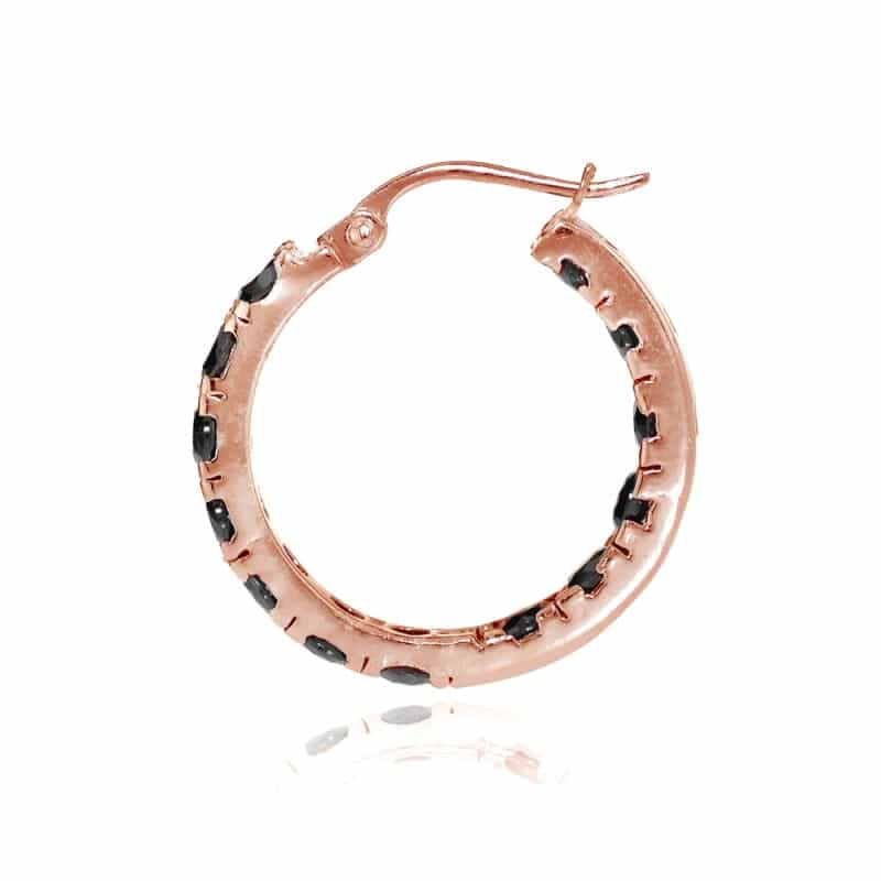 Rose Gold Tone Over Sterling Silver Black Cubic Zirconia Inside Out 3X25 Mm Round Hoop Earrings