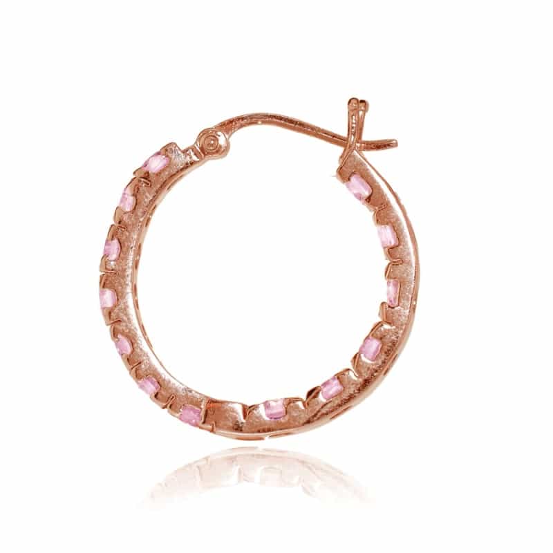 Rose Gold Tone Over Sterling Silver Light Pink Cubic Zirconia Inside Out 3X25 Mm Round Hoop Earrings