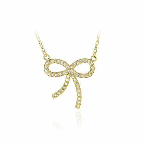18K Gold Over Sterling Silver Cz Bow Tie Pendant Necklace 18"