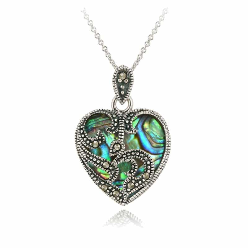 Sterling Silver Marcasite & Abalone Heart Necklace