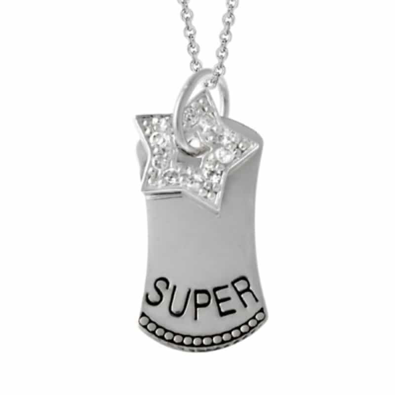 Sterling Silver 'Super' Star Cz Dog Tag Necklace