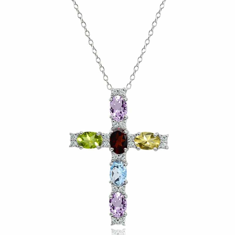 Sterling Silver Multi Color Gemstone Oval-Cut Cross Pendant Necklace With White Topaz Accents