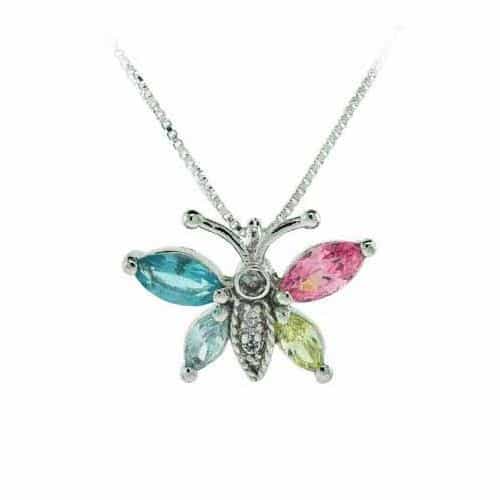 Sterling Silver Multi-Color Cz Butterfly Pendant