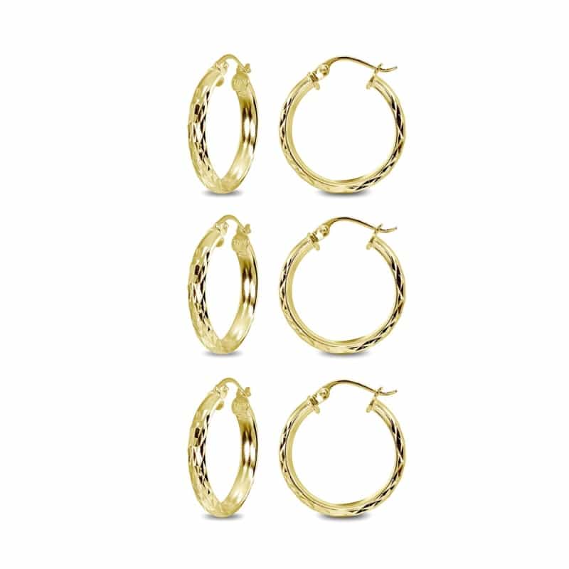 3-Pair Yellow Gold Flashed Sterling Silver 3X15mm Diamond-Cut Round Dainty Click-Top Small Hoop Earrings Set