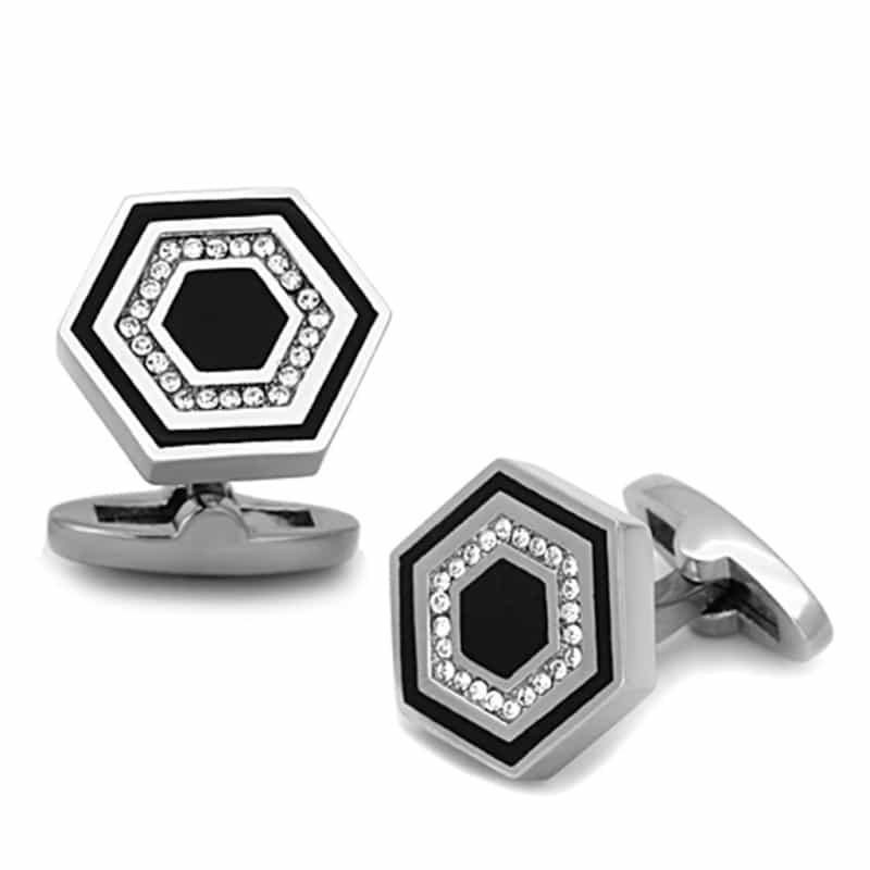 High Polished (No Plating) Stainless Steel Cufflink With Top Grade Crystal In Clear