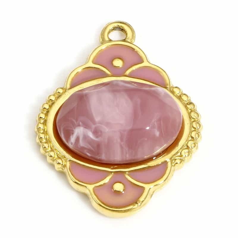 1 Piece 304 Stainless Steel & Stone Style Of Royal Court Character Charms Gold Plated Pink Oval Carved Pattern Enamel 24.5Mm X 18.5Mm