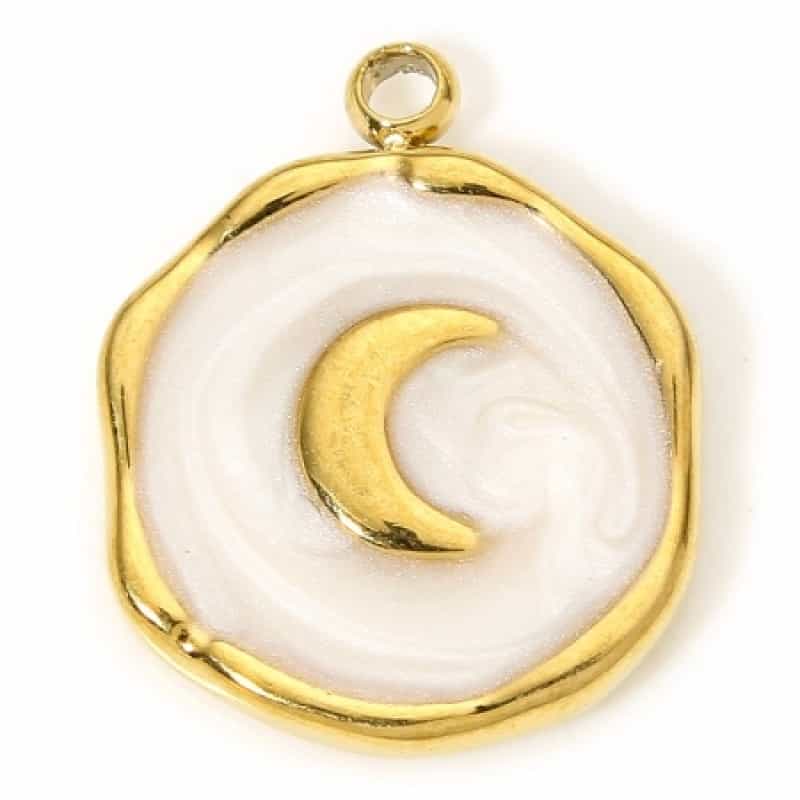 1 Piece Eco-Friendly Vacuum Plating 304 Stainless Steel Galaxy Disc Charms Gold Plated White Round Moon Enamel 15.5Mm X 12.5Mm